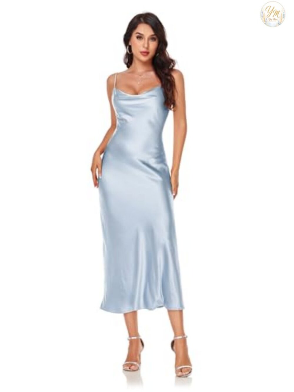 Satin Silk Slip Dress Cowl Neck Spaghetti Strap Backless Midi Party Cocktail